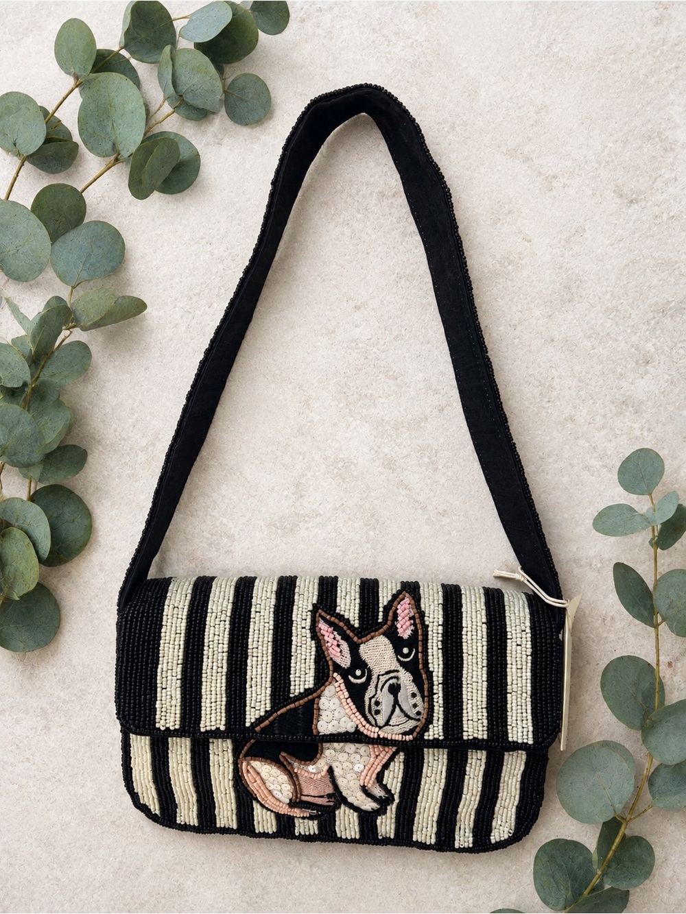 Viral TikTok Sol & Mer Black & Cream Striped Beaded Bag with French Bulldog